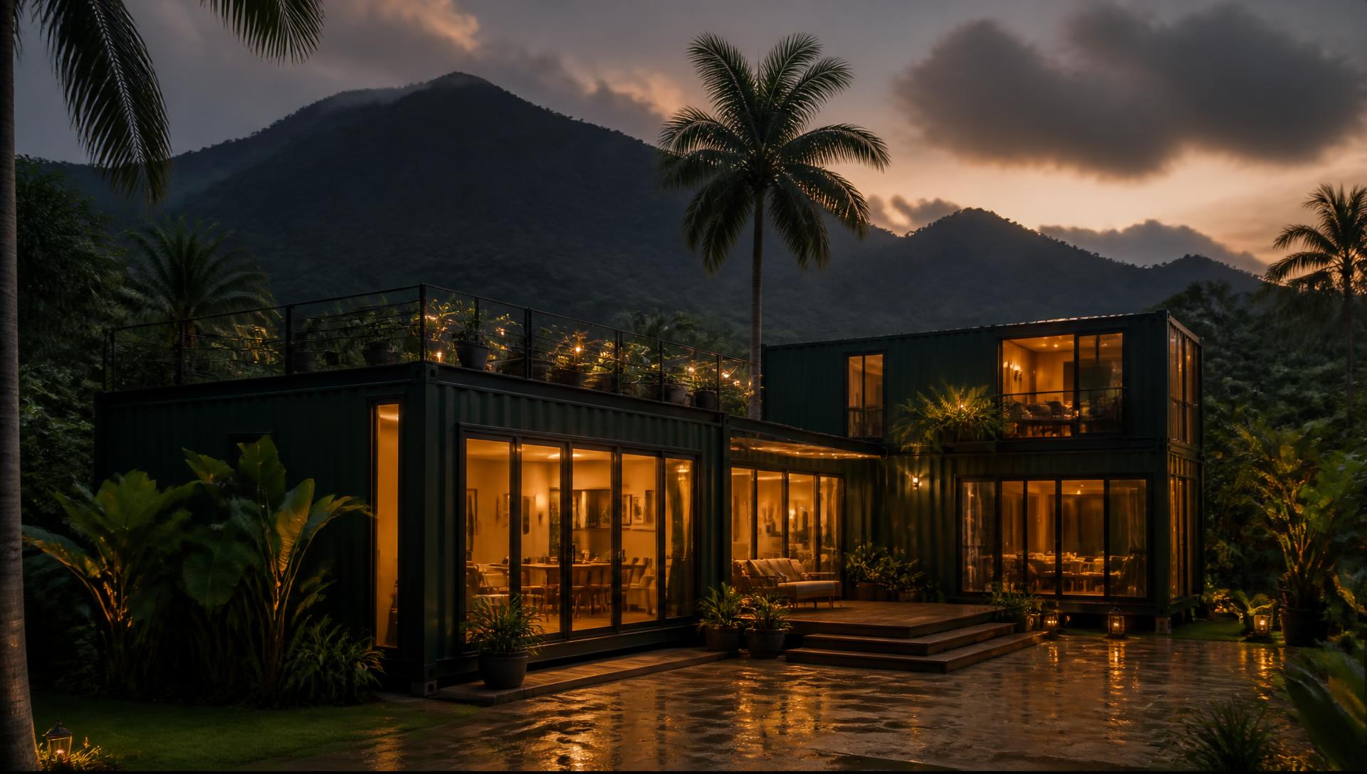 Big3 prefab villa glowing at dusk